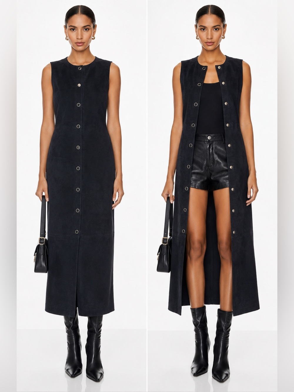 Yves Salomon $1950 dark blue Black Lamb Suede Sleeveless Midi Dress small france